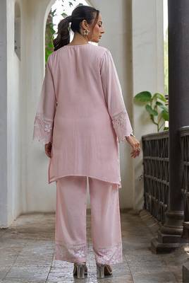 Pink embroidered pure cotton straight kurta set 2