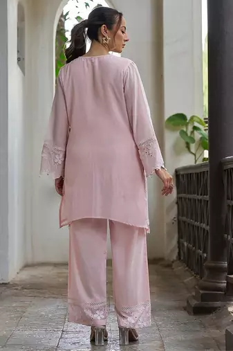 Pink embroidered pure cotton straight kurta set