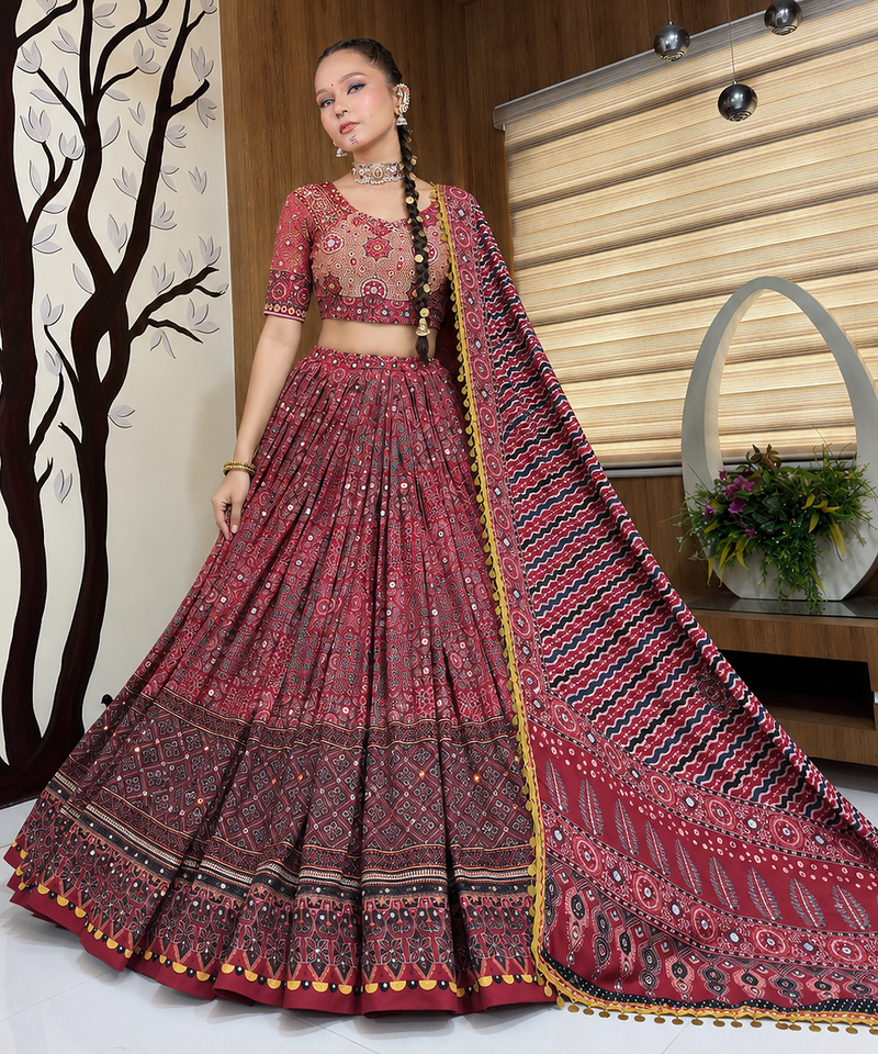 Maroon Color Real Mirror Work Cotton Lahenga Choli Set