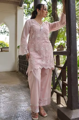 Pink embroidered pure cotton straight kurta set