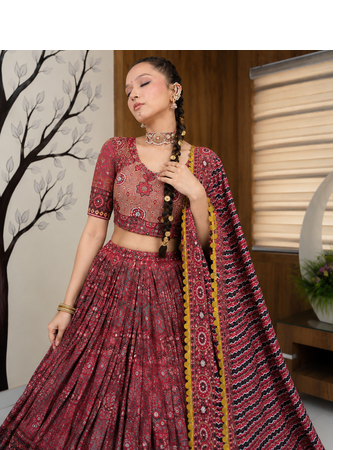 Maroon Color Real Mirror Work Cotton Lahenga Choli Set 3