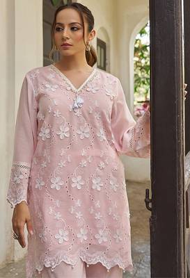 Pink embroidered pure cotton straight kurta set 4