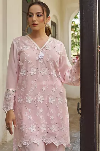 Pink embroidered pure cotton straight kurta set