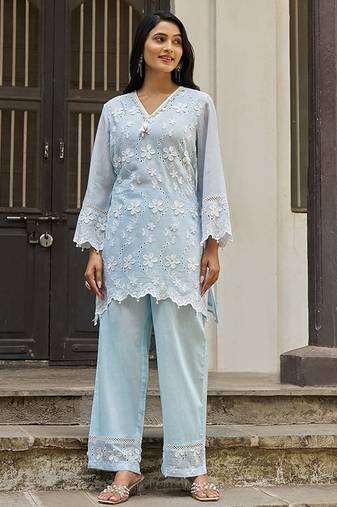 Blue embroidered pure cotton straight kurta set