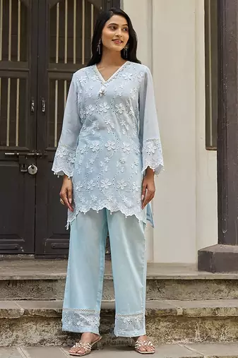 Blue embroidered pure cotton straight kurta set