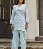 Blue embroidered pure cotton straight kurta set