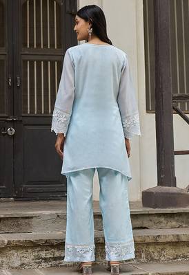 Blue embroidered pure cotton straight kurta set 2