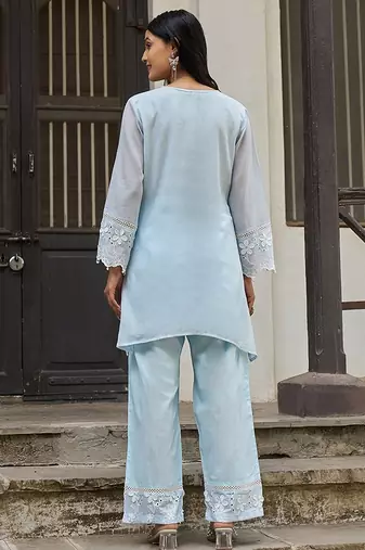 Blue embroidered pure cotton straight kurta set