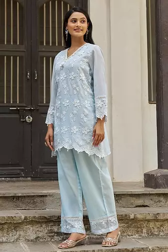 Blue embroidered pure cotton straight kurta set