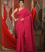 Elegant pink cotton handspun saree with sequin embellishments and pom pom