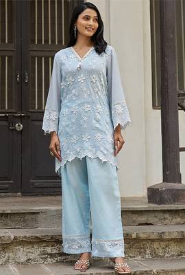 Blue embroidered pure cotton straight kurta set 4