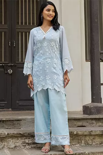 Blue embroidered pure cotton straight kurta set