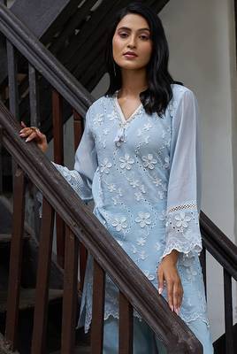 Blue embroidered pure cotton straight kurta set 5