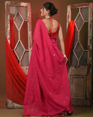 Elegant pink cotton handspun saree with sequin embellishments and pom pom 3
