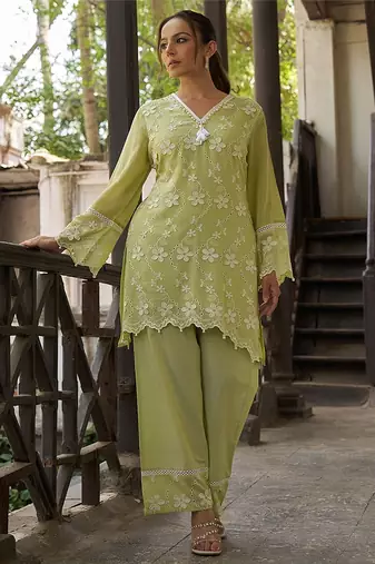 Green embroidered pure cotton straight kurta set