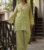 Green embroidered pure cotton straight kurta set