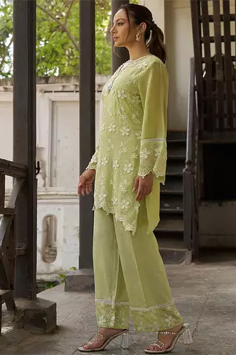Green embroidered pure cotton straight kurta set