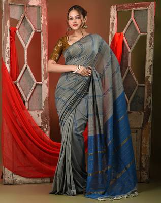 Steel grey cotton saree with zari stripes 1