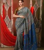 Steel grey cotton saree with zari stripes