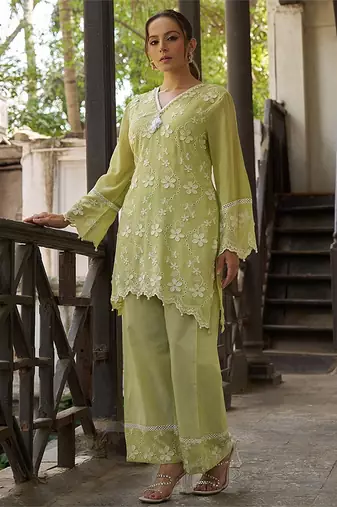 Green embroidered pure cotton straight kurta set