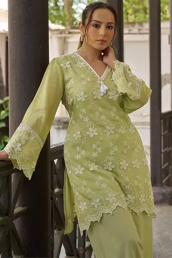 Green embroidered pure cotton straight kurta set