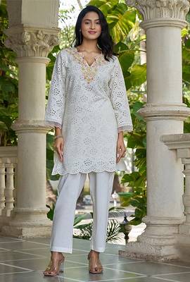 White schiffli embroidered pure cotton straight kurta set 1