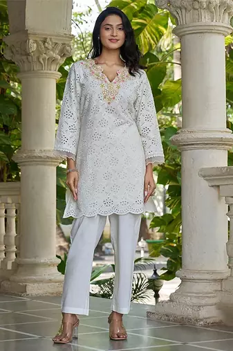 White schiffli embroidered pure cotton straight kurta set