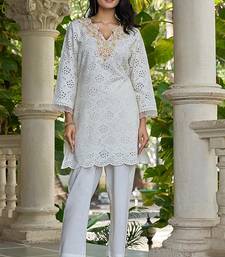 White schiffli embroidered pure cotton straight kurta set