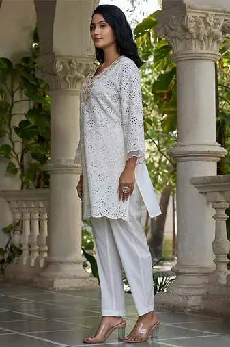 White schiffli embroidered pure cotton straight kurta set