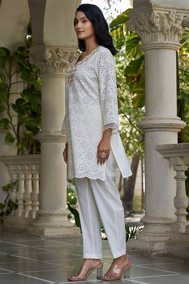 White schiffli embroidered pure cotton straight kurta set