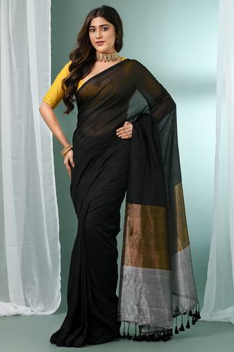 Black cotton saree with zari pallu