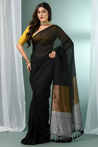 Black cotton saree with zari pallu