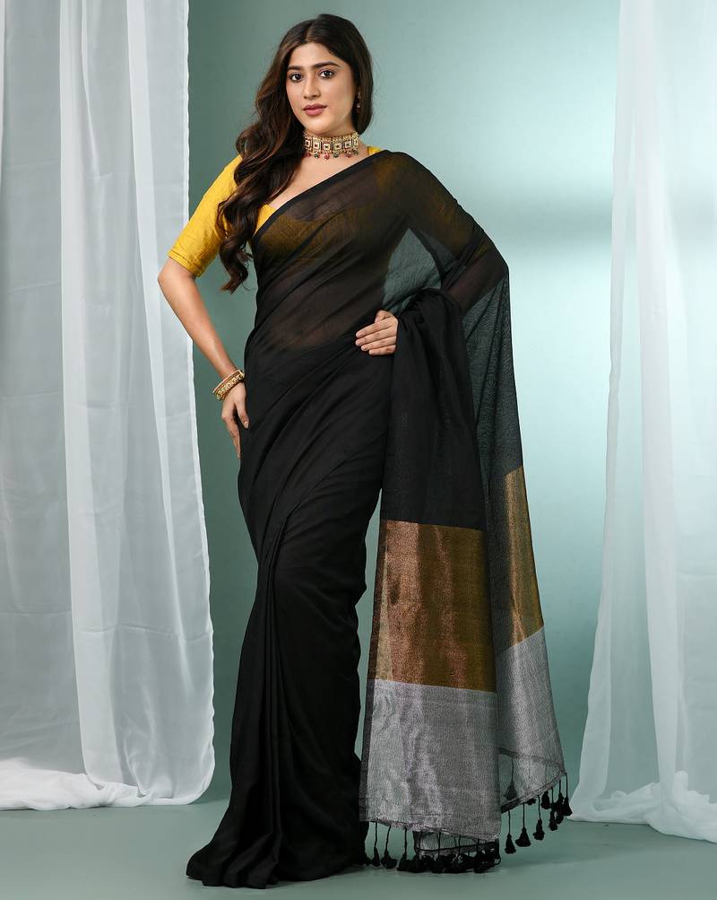 Black cotton saree with zari pallu