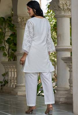 White schiffli embroidered pure cotton straight kurta set 3