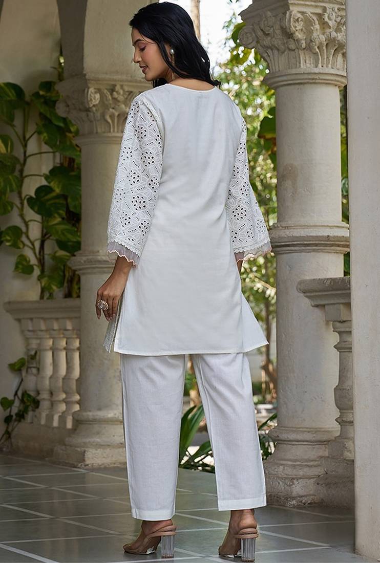 White schiffli embroidered pure cotton straight kurta set