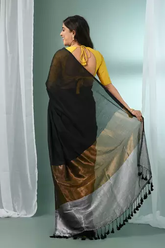 Black cotton saree with zari pallu