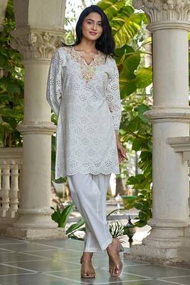 White schiffli embroidered pure cotton straight kurta set 4