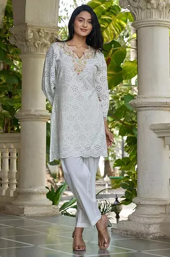 White schiffli embroidered pure cotton straight kurta set