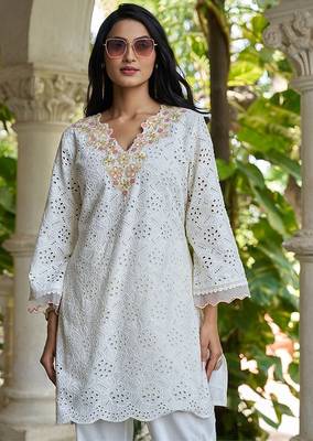 White schiffli embroidered pure cotton straight kurta set 5