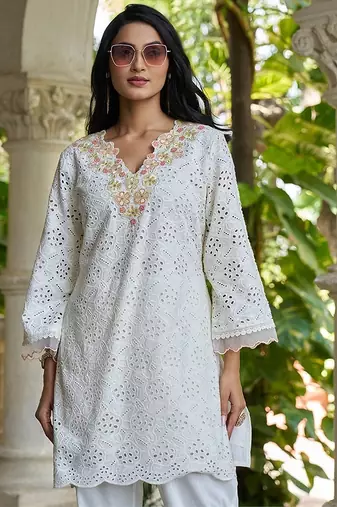 White schiffli embroidered pure cotton straight kurta set