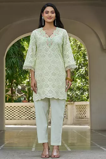Pista schiffli embroidered pure cotton straight kurta set