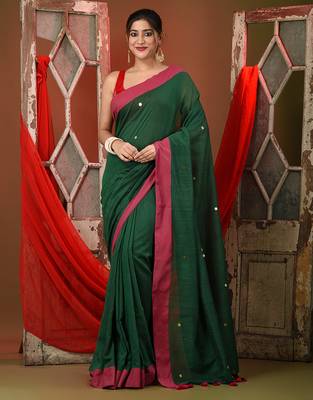 Green cotton sequence work soft saree with contrast border 1