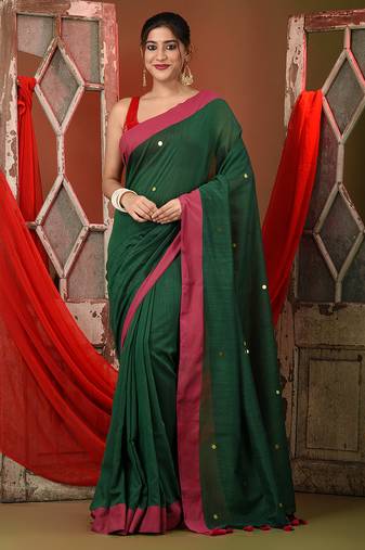 Green cotton sequence work soft saree with contrast border