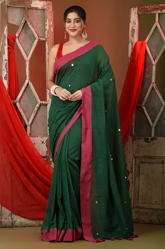 Green cotton sequence work soft saree with contrast border