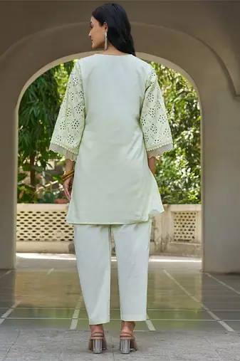 Pista schiffli embroidered pure cotton straight kurta set