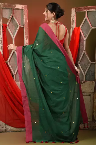 Green cotton sequence work soft saree with contrast border