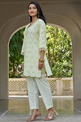 Pista schiffli embroidered pure cotton straight kurta set 3