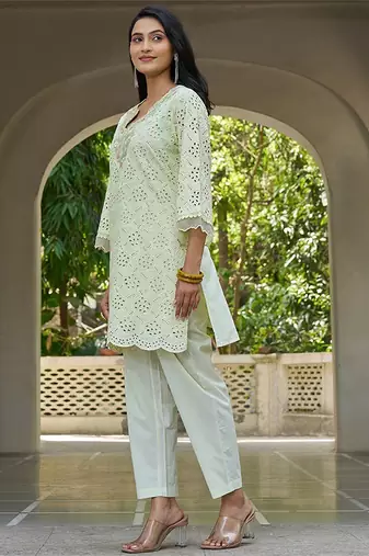 Pista schiffli embroidered pure cotton straight kurta set