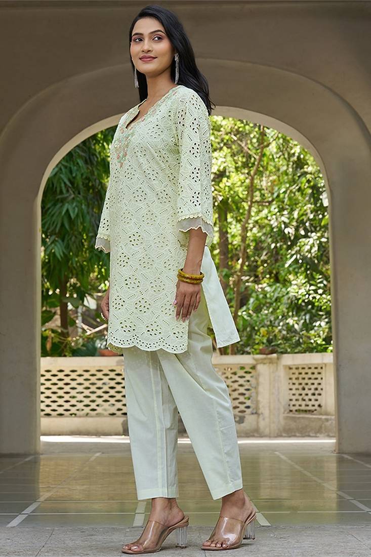 Pista schiffli embroidered pure cotton straight kurta set