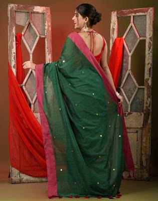 Green cotton sequence work soft saree with contrast border 3